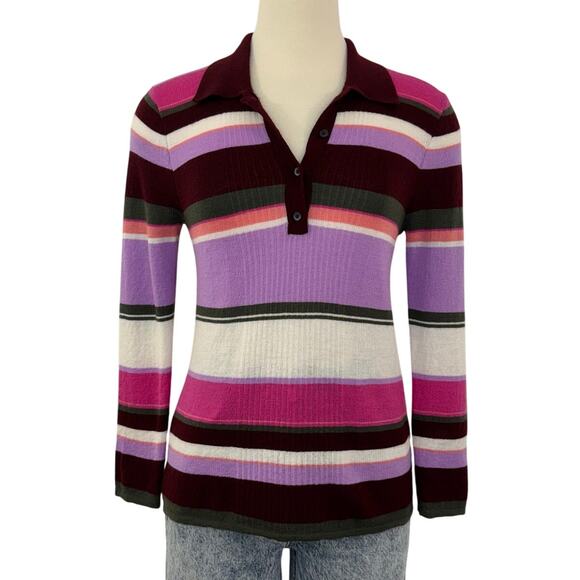 Kate Spade Striped Wool Polo Sweater Long Sleeve Collar Multicolor Maroon Size S - Picture 1 of 10